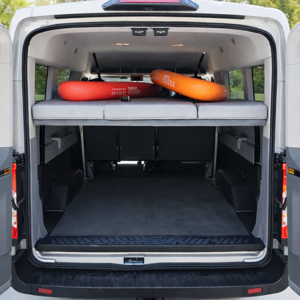37 tall by 55 deep in a Medium Roof Passenger Ford Transit. 