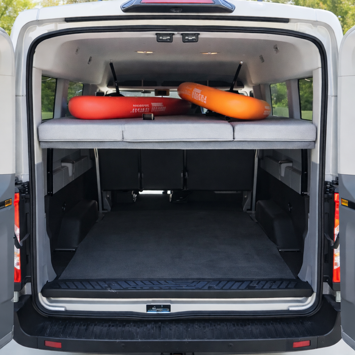 37 tall by 55 deep in a Medium Roof Passenger Ford Transit. 